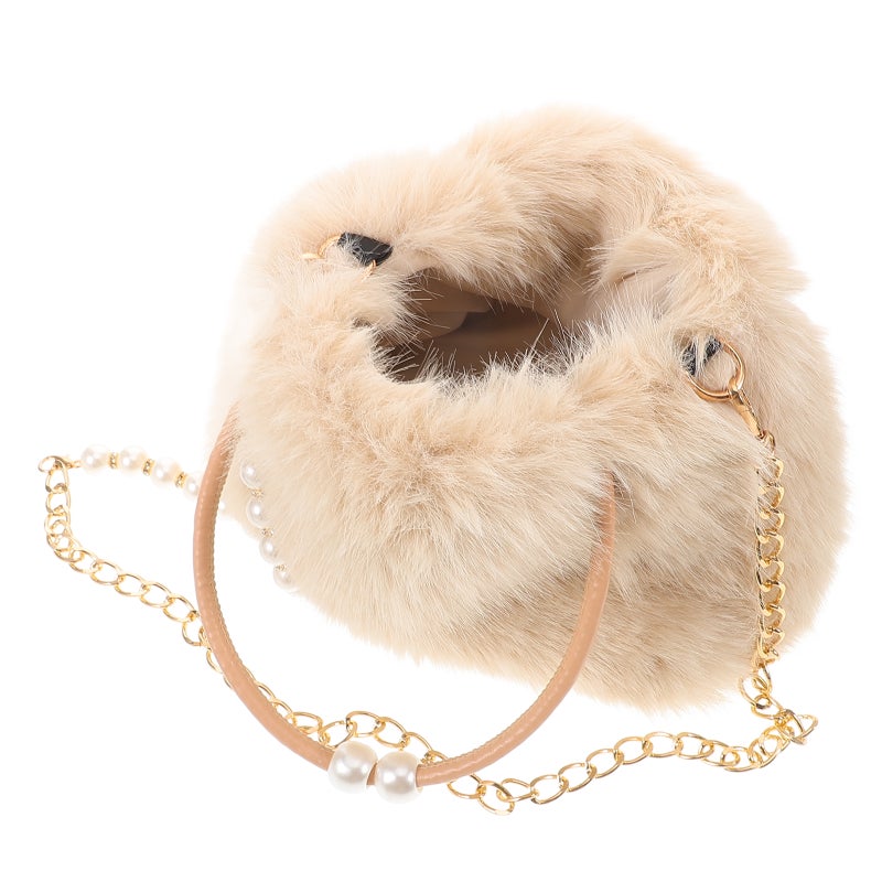 Large Capacity Faux Tote Bag For Women With Chain Fuzzy Handbag Plush Shoulder Bag Elegant Evening Purse Beige - Image 1