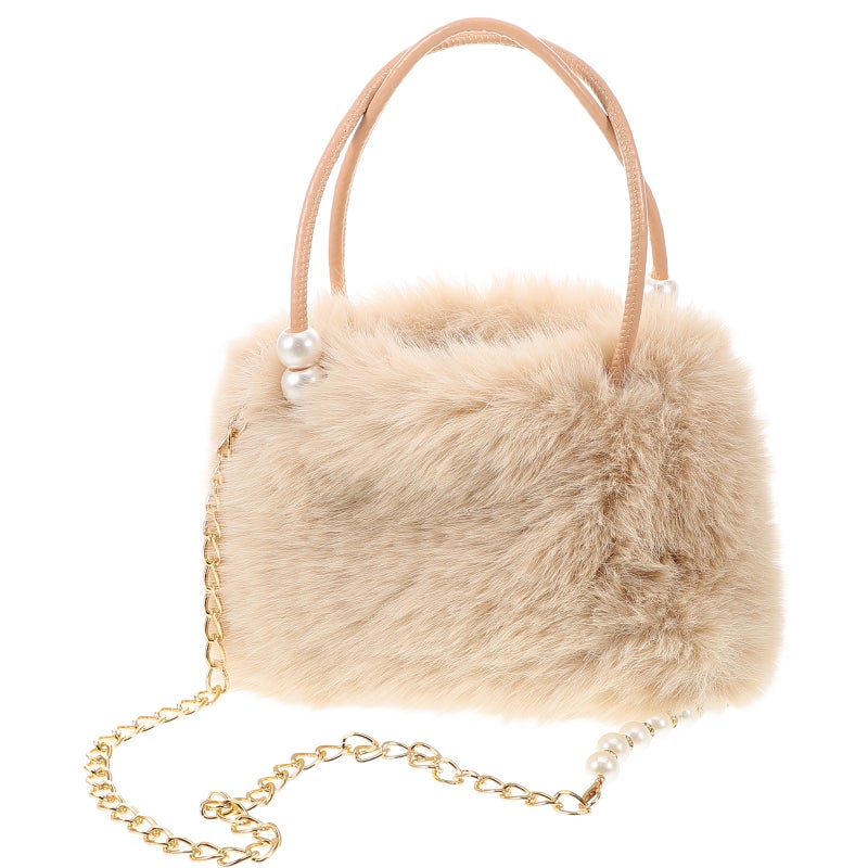 Large Capacity Faux Tote Bag For Women With Chain Fuzzy Handbag Plush Shoulder Bag Elegant Evening Purse Beige - Image 5