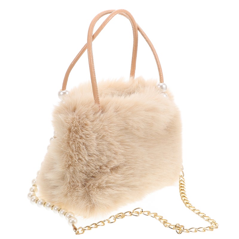 Large Capacity Faux Tote Bag For Women With Chain Fuzzy Handbag Plush Shoulder Bag Elegant Evening Purse Beige - Image 3