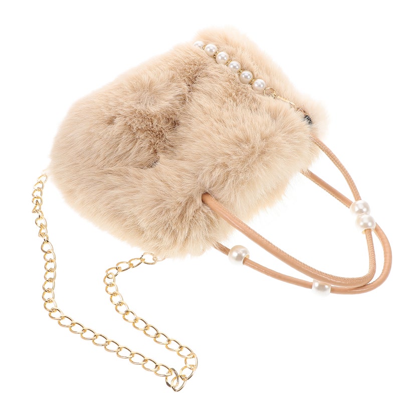 Large Capacity Faux Tote Bag For Women With Chain Fuzzy Handbag Plush Shoulder Bag Elegant Evening Purse Beige - Image 4