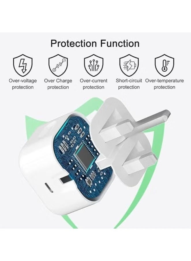 شاحن سريع بقوة 20 واط لأجهزة iPhone 14 و13 و12 Pro Max، محول طاقة USB-C بمقبس بريطاني مع كابل Lightning بطول 1 متر، شاحن جداري فائق السرعة بتقنية PD لأجهزة iPhone 11 وXR وXS و8 Plus وiPad - Image 2