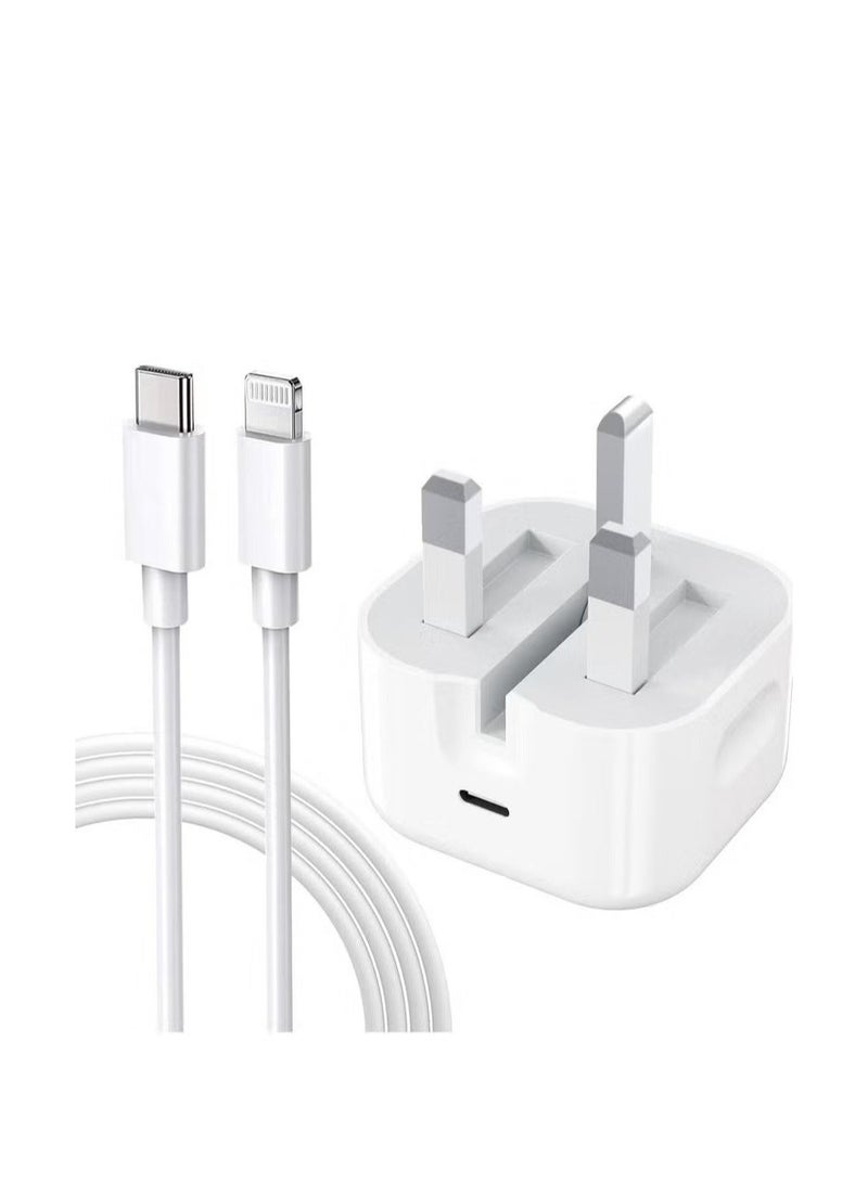 شاحن سريع بقوة 20 واط لأجهزة iPhone 14 و13 و12 Pro Max، محول طاقة USB-C بمقبس بريطاني مع كابل Lightning بطول 1 متر، شاحن جداري فائق السرعة بتقنية PD لأجهزة iPhone 11 وXR وXS و8 Plus وiPad - Image 1