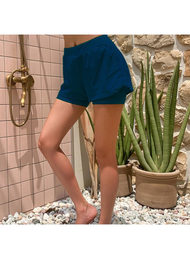 إسكدنيا شورت سباحة نسائي رياضي مزيف مكون من قطعتين بزاوية مسطحة ومضاد للجري وخفيف الوزن وواقي من الشمس سريع الجفاف في الربيع الساخن والغوص وركوب الأمواج - اللون: أسود - - Image 5