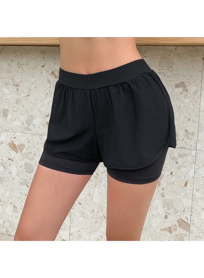 إسكدنيا شورت سباحة نسائي رياضي مزيف مكون من قطعتين بزاوية مسطحة ومضاد للجري وخفيف الوزن وواقي من الشمس سريع الجفاف في الربيع الساخن والغوص وركوب الأمواج - اللون: أسود - - Image 1