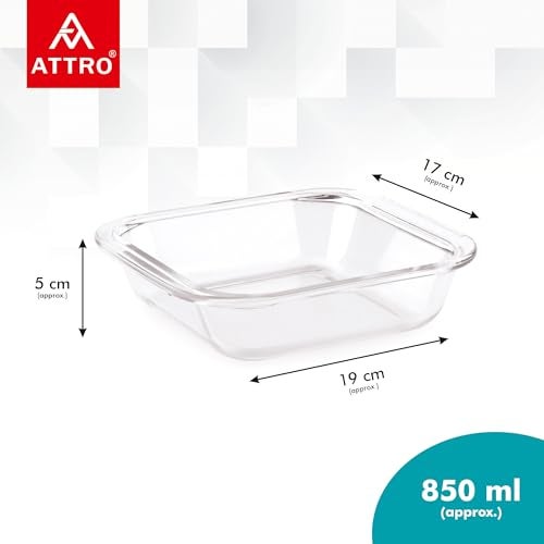 ATTRO Glassox Borosilicate Square Glass Baking Dish Micorwave Oven Safe Freezer Safe Baking Tray Serving Dish Bakeware- 850ml, Transparent - Image 2