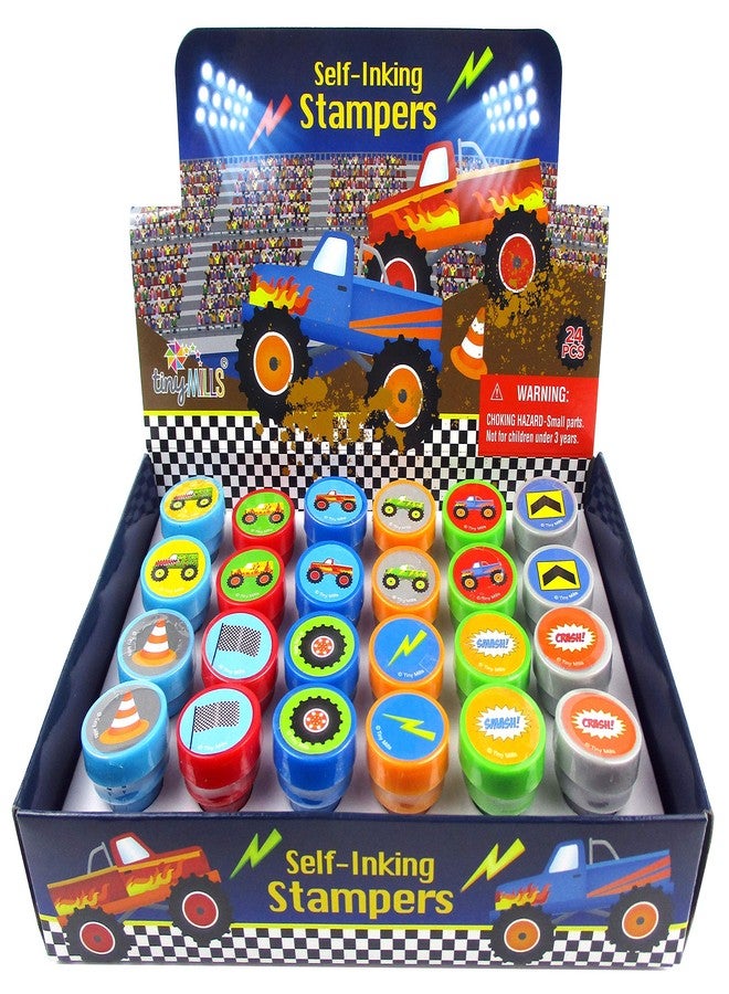 TINYMILLS طوابع شاحنات الوحش المتنوعة من TINYMILLS عدد 24 قطعة للأطفال طوابع ذات حبر ذاتي (12 تصميم مختلف) حفلة عيد ميلاد، هدايا حفلة شاحنات الوحش، حشوات أكياس الهدايا، مكافآت الفصول الدراسية، جوائز الكرنفال - Image 1