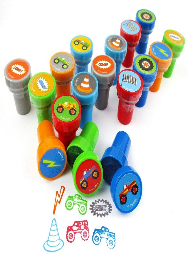 TINYMILLS طوابع شاحنات الوحش المتنوعة من TINYMILLS عدد 24 قطعة للأطفال طوابع ذات حبر ذاتي (12 تصميم مختلف) حفلة عيد ميلاد، هدايا حفلة شاحنات الوحش، حشوات أكياس الهدايا، مكافآت الفصول الدراسية، جوائز الكرنفال - Image 3