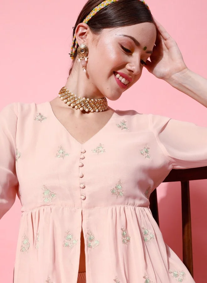 اندو ستريت Floral Embroidered Kurti With Palazzos For Women