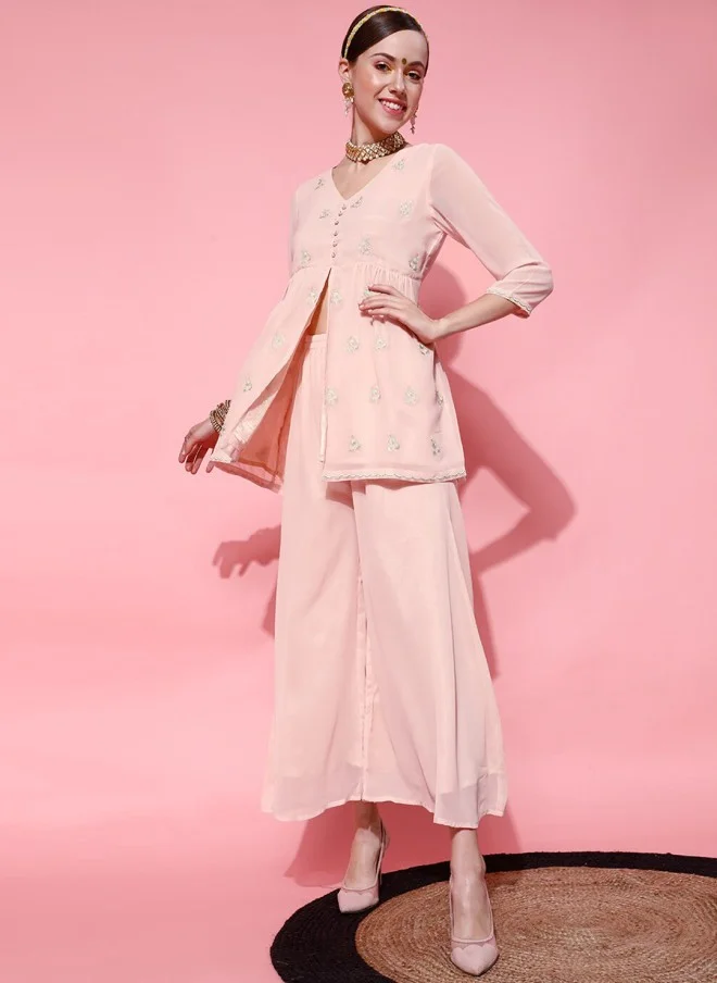 اندو ستريت Floral Embroidered Kurti With Palazzos For Women