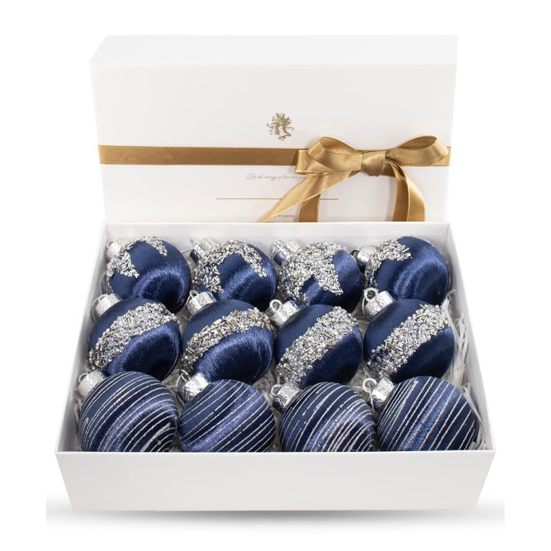 12 Pcs Satin Christmas Ball Ornaments Luxury Silk Tree Hanging Decorations for Xmas Wreath Garland Wedding Party Blue