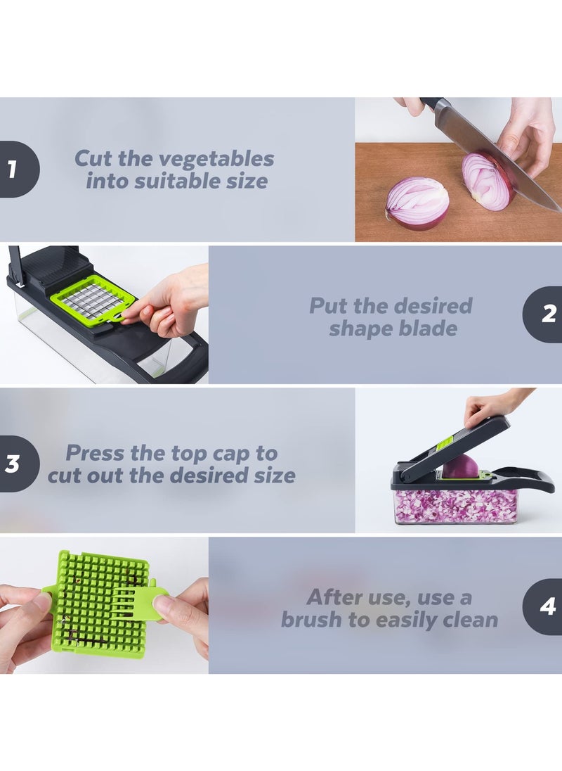 AAS ECOM - Vegetable Chopper, Pro Onion Chopper, 14 in 1Multifunctional Food Chopper, Kitchen Vegetable Slicer Dicer Cutter,Veggie Chopper With 8 Blades,Carrot and Garlic Chopper With Container (Grey / Green) - Image 1