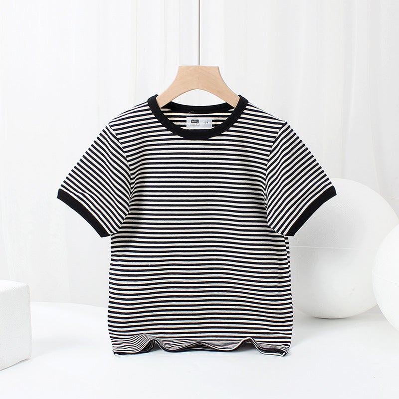 Summer Korean version of children's clothing new boys short sleeve small and medium-sized children striped round neck T shirt girls short sleeve T-shirt wholesale - Image 1