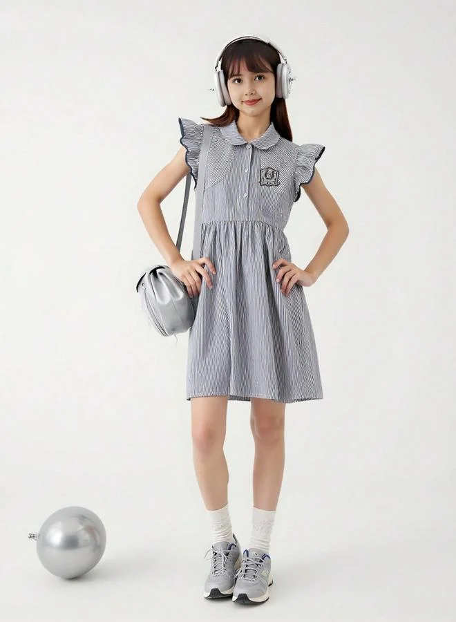 تايك تو Girls Striped A-Line Dress with Ruffle Sleeves