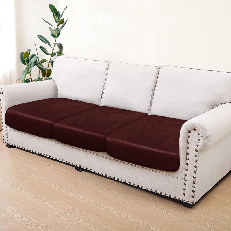 ANARACHON Leather Look Couch Cushion Covers Sofa Seat Slipcovers Sets Couches Furniture Protector for Sectional Armchair Loveseat Pets Kids Stretch Spandex Fabric (3 Cushion Sofa  Burgundy-01) - Image 3
