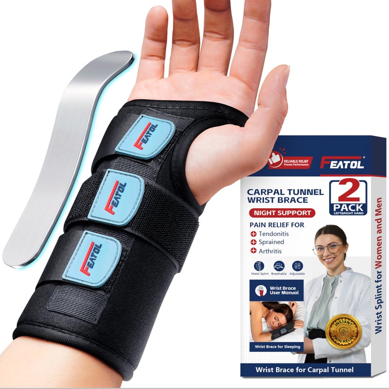 FEATOL Carpal Tunnel Wrist Brace Night Support 2 Pack - Wrist Splint for Pain Relief Tendonitis, Sprained, Arthritis - Metal Splint Stabilizer With Hand Brace -FOR Sleeping Women Men -Right&Left(S/M) - Image 1