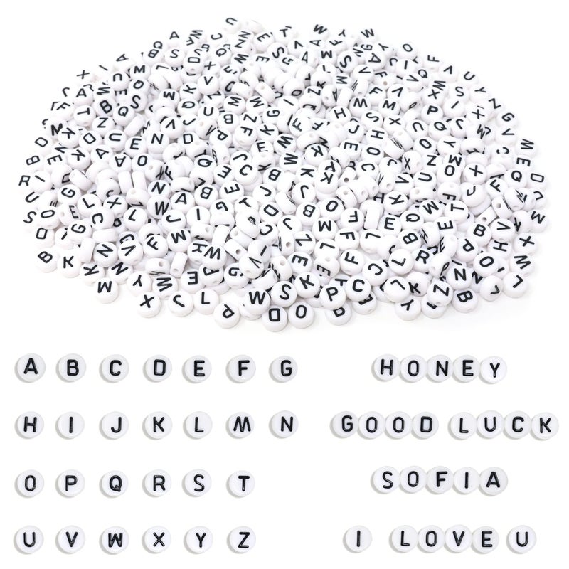 Honbay 600PCS 7mm Mini Acrylic Beads Flat Round Alphabet Beads Letter Spacer Beads Loose Beads for Bracelets Anklets Necklaces Earrings Eyeglasses Chain Jewelry Making or DIY Craft Projects