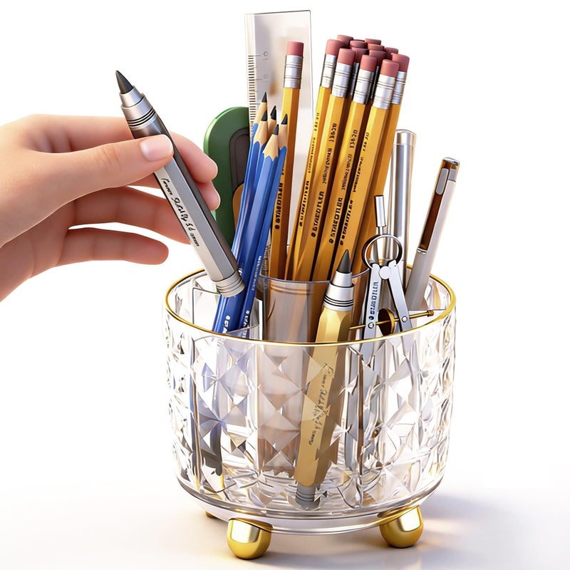 GOTOBA 360Â° Rotating Pencil Holder for Desk, Makeup Brush Holder with 6 Slots, Desk Organizer for Writing Utensil, Office and School Supplies (Transparent) - Image 1