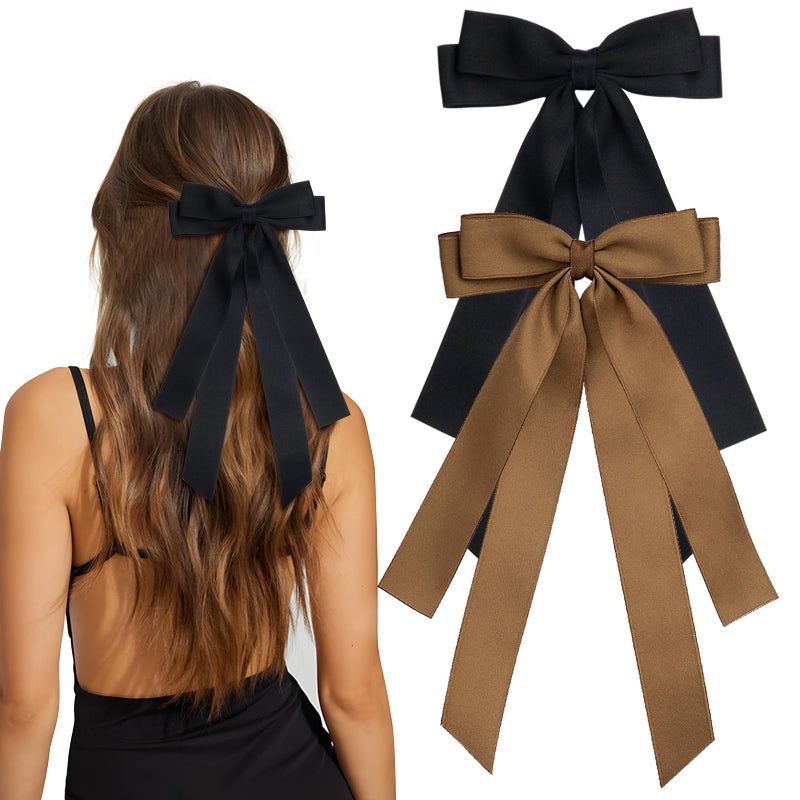 MIKONIKO Bow Hair Clips 2PCS Set for Women and Girls Black White Ribbon Bows for Hair with Long Tail Alligator Clip Black Brown - Image 3