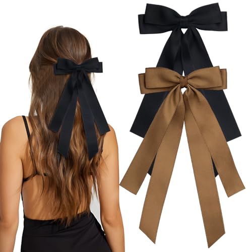 MIKONIKO Bow Hair Clips 2PCS Set for Women and Girls Black White Ribbon Bows for Hair with Long Tail Alligator Clip Black Brown - Image 1