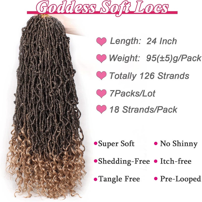 Leeven 7 Packs Ombre Brown Goddess New Faux Locs Crochet Braids Hair With Curly Ends Pre looped 24 Inch Long Soft Locs Hair for Women 12 Strands/Pack Curly Wavy Goddess Locs Braiding Hair (T27#) - Image 3