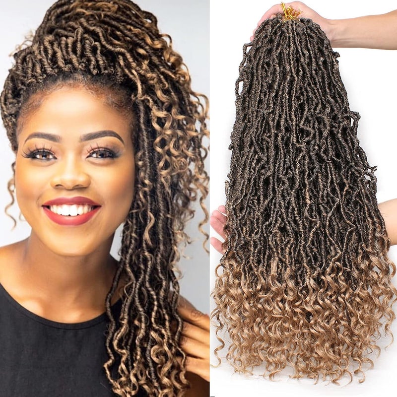 Leeven 7 Packs Ombre Brown Goddess New Faux Locs Crochet Braids Hair With Curly Ends Pre looped 24 Inch Long Soft Locs Hair for Women 12 Strands/Pack Curly Wavy Goddess Locs Braiding Hair (T27#) - Image 1