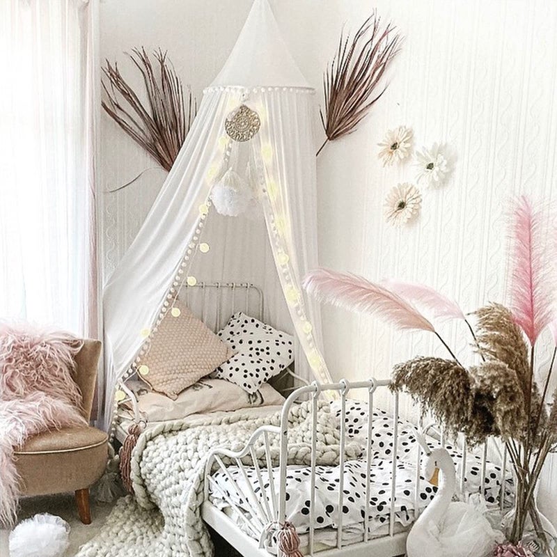LOAOL Bed Canopy with Pom Pom Cotton Canopy for Kids Crib Baby Girl Netting Cover Canopy Crib Curtain Reading Nook Hanging Tent Nursery Play Game Castle Room Decoration (White) - Image 2