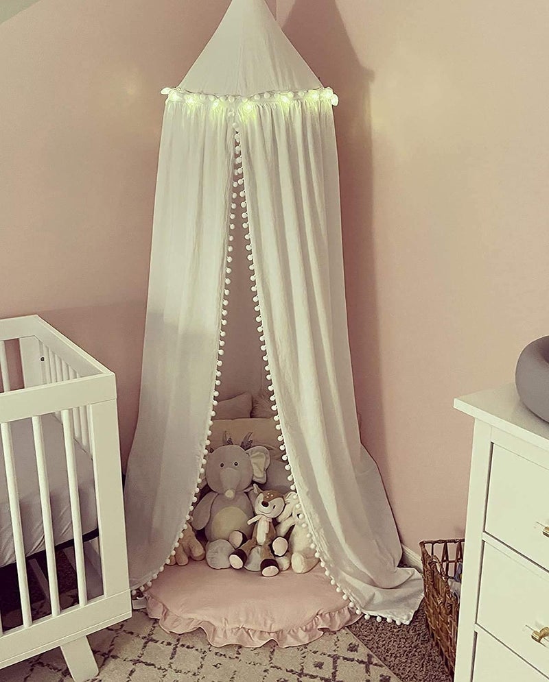 LOAOL Bed Canopy with Pom Pom Cotton Canopy for Kids Crib Baby Girl Netting Cover Canopy Crib Curtain Reading Nook Hanging Tent Nursery Play Game Castle Room Decoration (White) - Image 3