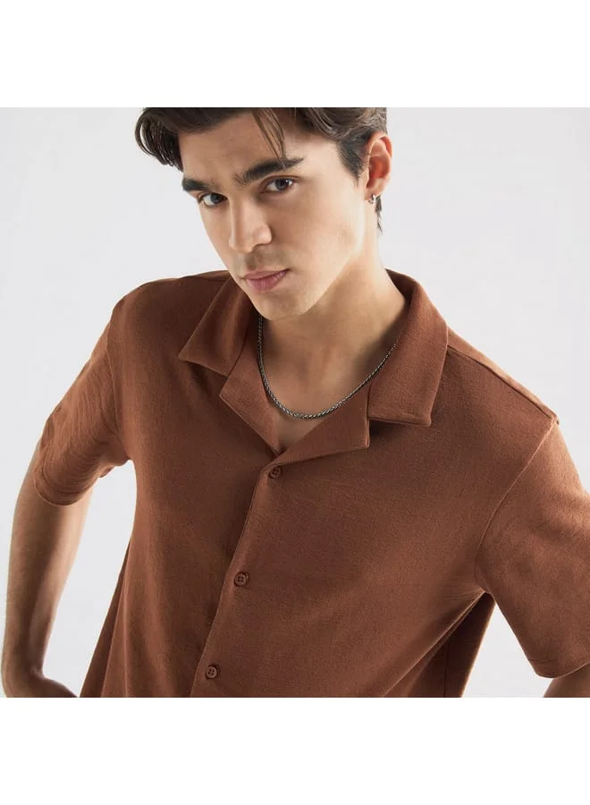 Splash FAV Textured Camp Collar Shirt with Short Sleeves