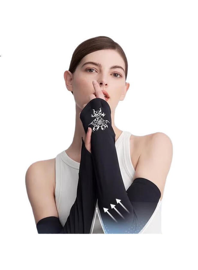 Hoii (Hoii) Mr. Hosea Sunscreen Ice Silk Sleeve Black And White Breathable Arm Guard Uv Protection Black Sleeve M - Image 2