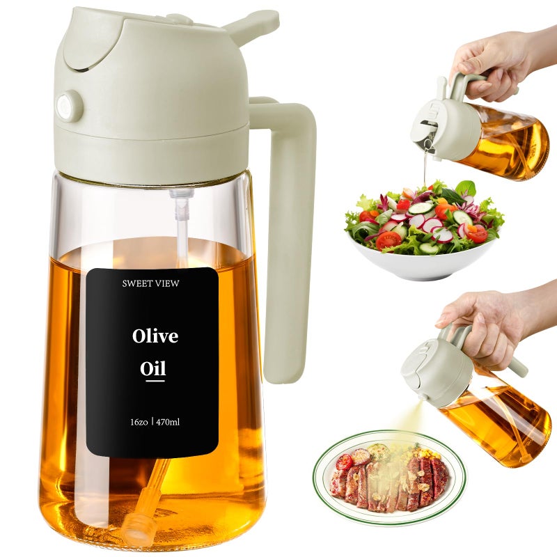 SWEET VIEW 16oz/470ml Oil Dispenser and Oil Sprayer, Glass Olive Oil Pourer for Kitchen, Air Fryer, Cooking, Salad, BBQ (White) - Image 1