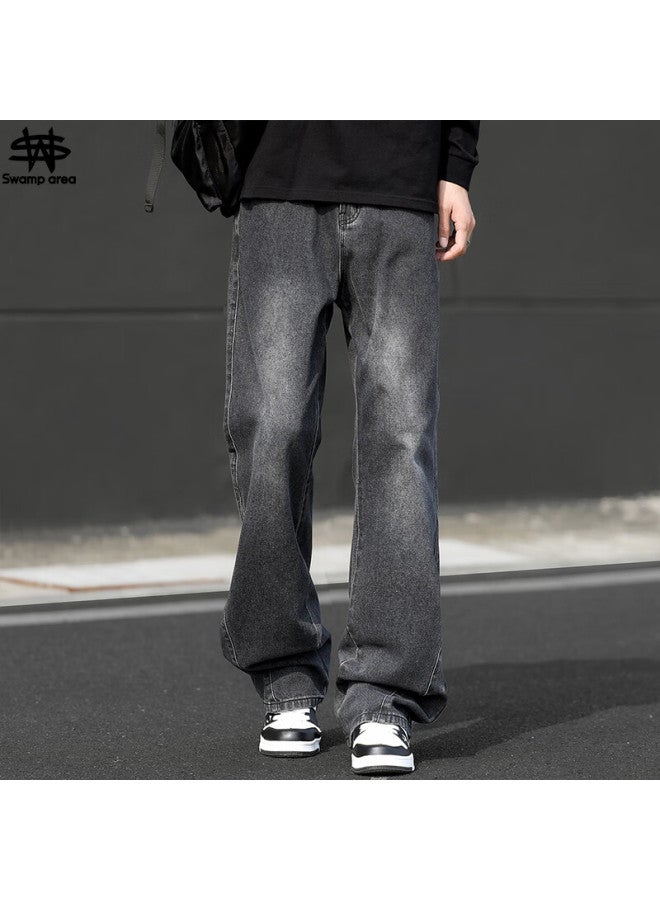 Swamp Area American Vintage High Street Men's Denim Jeans Autumn Winter Loose Straight Wide Leg Slight Flare Pants K113 Gray 2XL - Image 1