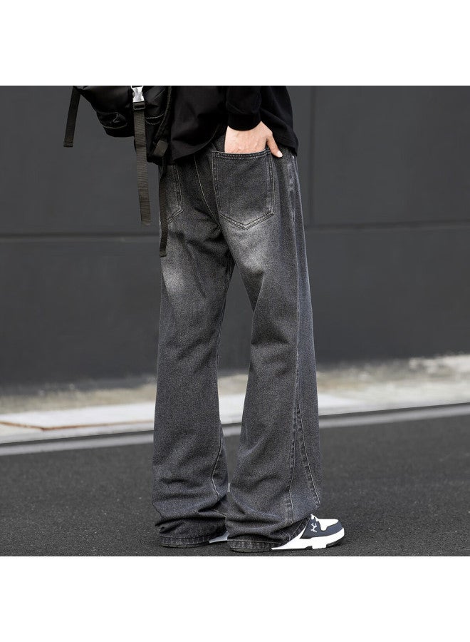 Swamp Area American Vintage High Street Men's Denim Jeans Autumn Winter Loose Straight Wide Leg Slight Flare Pants K113 Gray 2XL - Image 2