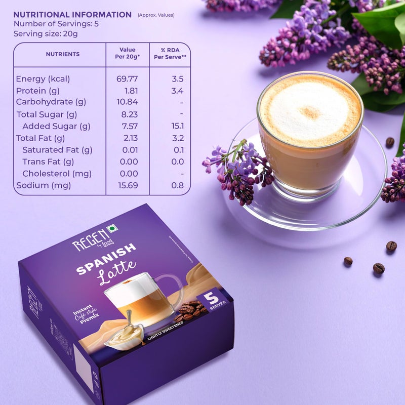 Regen خليط لاتيه إسباني من ريجين | قهوة سريعة التحضير على طراز المقاهي | بدون مواد حافظة | جاهز في 2 دقيقة | 5 حصص | 100 جرام - Image 2