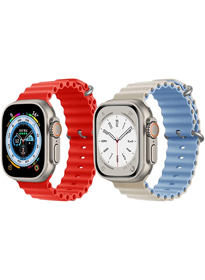 IAF Silicone Ocean Band Strap for Apple Watch Ultra 8 49mm Red Single Color Strap with Beige/Sky Blue Double Side Strap Set of 2