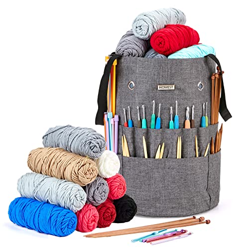 HOMEST Large Crochet Bag with Customized Front Compartment for Knitting Accessories, Yarn Storage with 6 Oversized Grommets, Tote Organizer with Drawstring Closure, Gray - Image 2