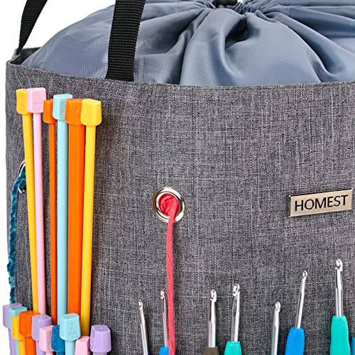 HOMEST Large Crochet Bag with Customized Front Compartment for Knitting Accessories, Yarn Storage with 6 Oversized Grommets, Tote Organizer with Drawstring Closure, Gray - Image 4