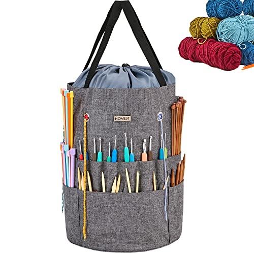 HOMEST Large Crochet Bag with Customized Front Compartment for Knitting Accessories, Yarn Storage with 6 Oversized Grommets, Tote Organizer with Drawstring Closure, Gray - Image 1