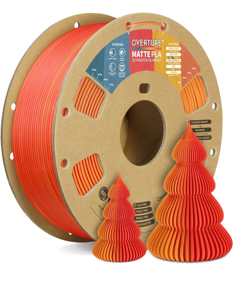 OVERTURE Dual Color Matte PLA 3D Printer Filament 1.75mm, Matte PLA 1kg Cardboard Spool (2.2lbs), Dimensional Accuracy +/- 0.02 mm (Matte Orange-Red) - Image 1