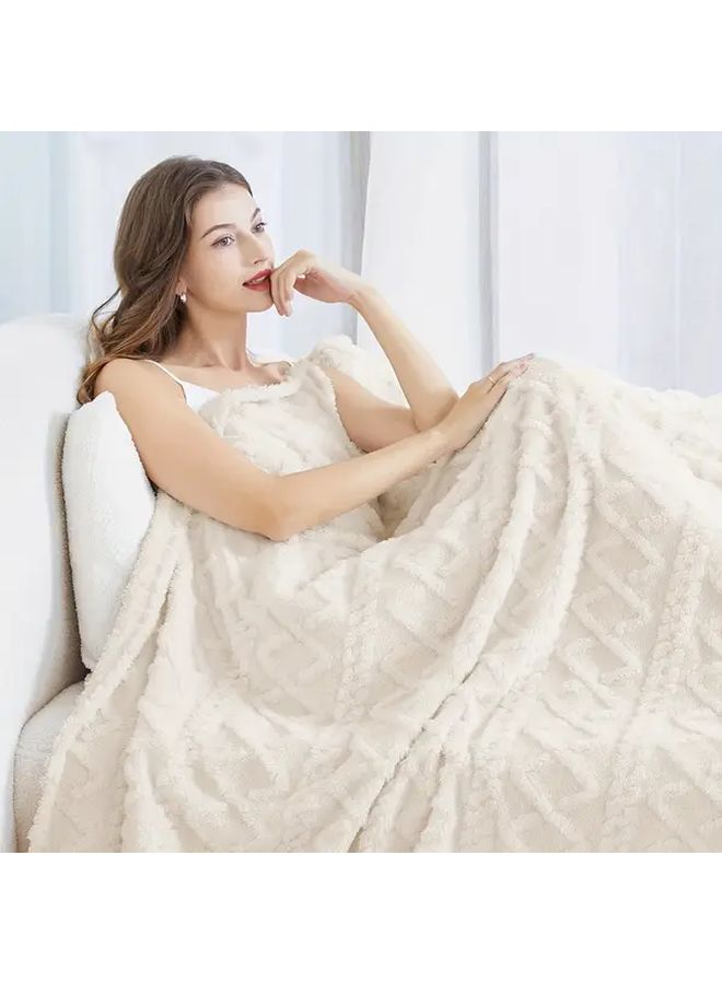 Beige 40x60 Inch Reversible Fleece Throw Blanket Cozy 3D Jacquard Design Lightweight Plush - Image 5