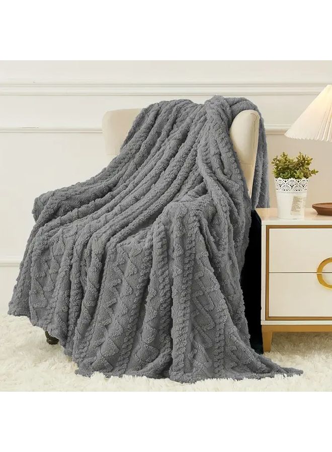 Beige 40x60 Inch Reversible Fleece Throw Blanket Cozy 3D Jacquard Design Lightweight Plush - Image 3
