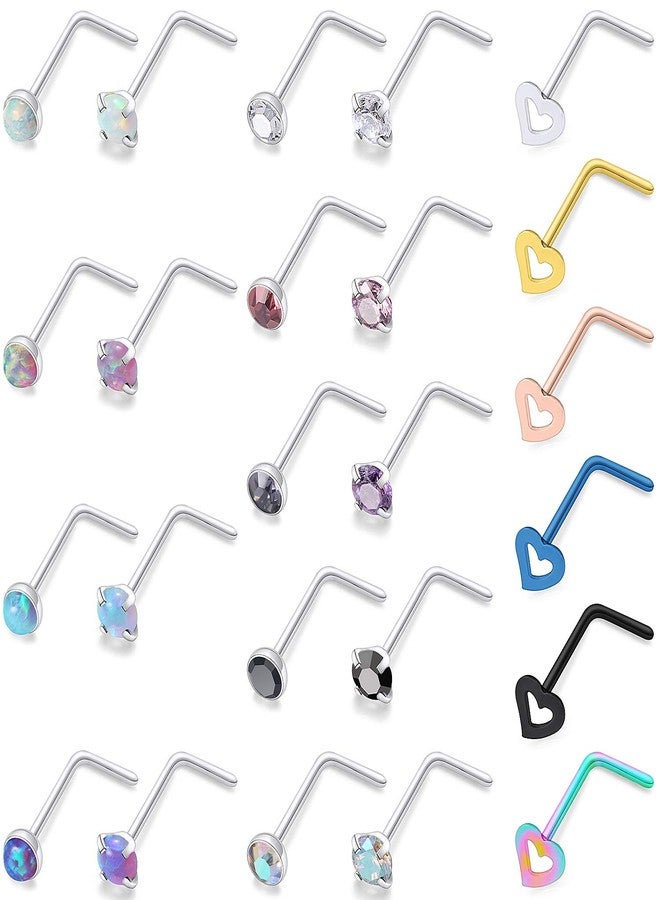 Cisyozi 20G Nose Rings Studs for Women Stainless Surgical Steel Opal Heart Hypoallergenic Cute Small Stud Nose Nostril Ring L Shaped Bend Curved Nose Piercing Jewelry for Women Men CZ Diamond - Image 1
