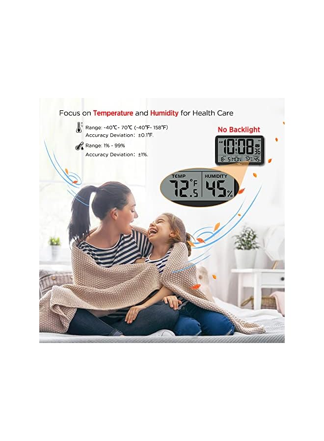 The Bros Auto Set Digital Wall Clock Battery Operated, Desk Clocks with Temperature, Humidity and Date, Large Display Digital Calendar Alarm Clock for Elderly, Bedroom, Office, 8 Time Zone, Auto DST. - Image 3