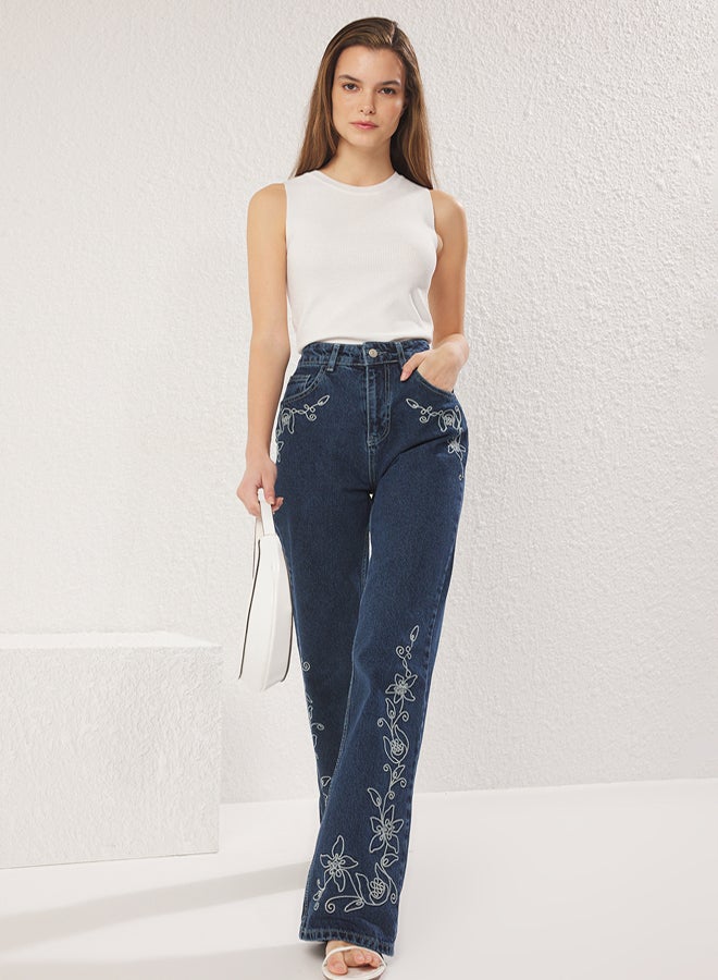 trendyol Blue Embroidered High Waist Wide Leg Jeans - Image 2