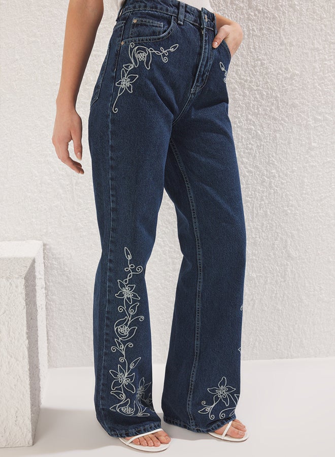 trendyol Blue Embroidered High Waist Wide Leg Jeans - Image 3
