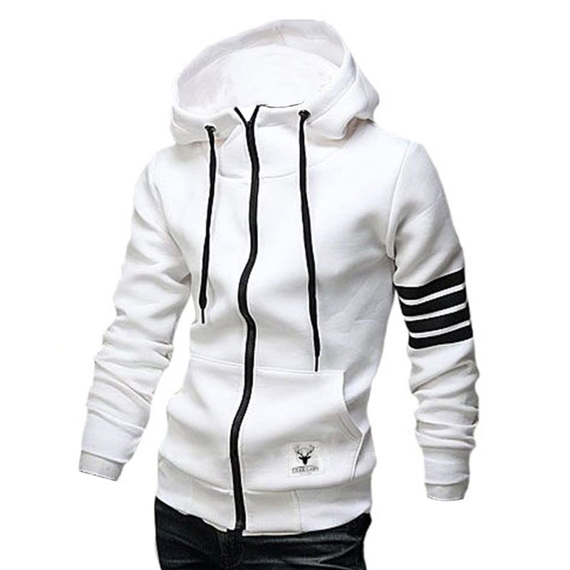 ZUEVI Men's Casual Striped Drawstring Hooded And Zipper Closure Hoodies Slim Fit Lightweight Sweatshirt(WHITE-M)