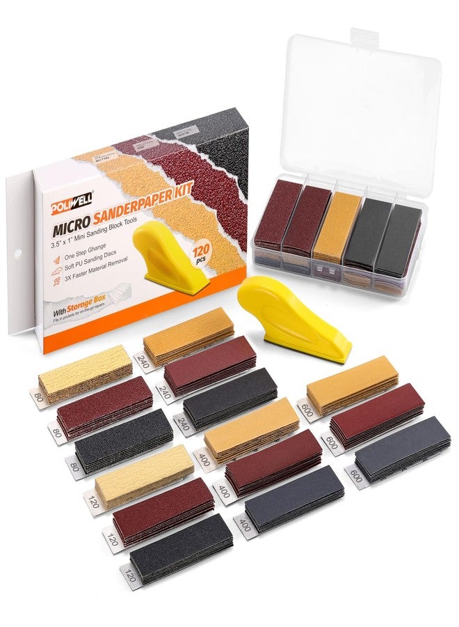 POLIWELL 120pcs Micro Detail SanderPaper Kit with Storage Box,3.5” x 1” Hand Sanding Block for Small Projects,3-in-1 Sand Paper Kit,80-600 Grit Sandpaper Assortment Pack for Wood Tight Narrow Spaces - Image 1