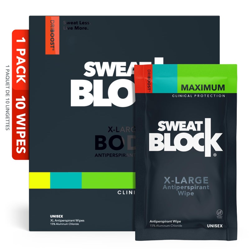 SweatBlock Clinical Strength XL Antiperspirant Body Wipes for Men & Women | Hyperhidrosis Sweat Protection for Hands Feet Underarms & Body | Unscented 10 Pack | Convenient Wipe Format for Targeted Use - Image 1