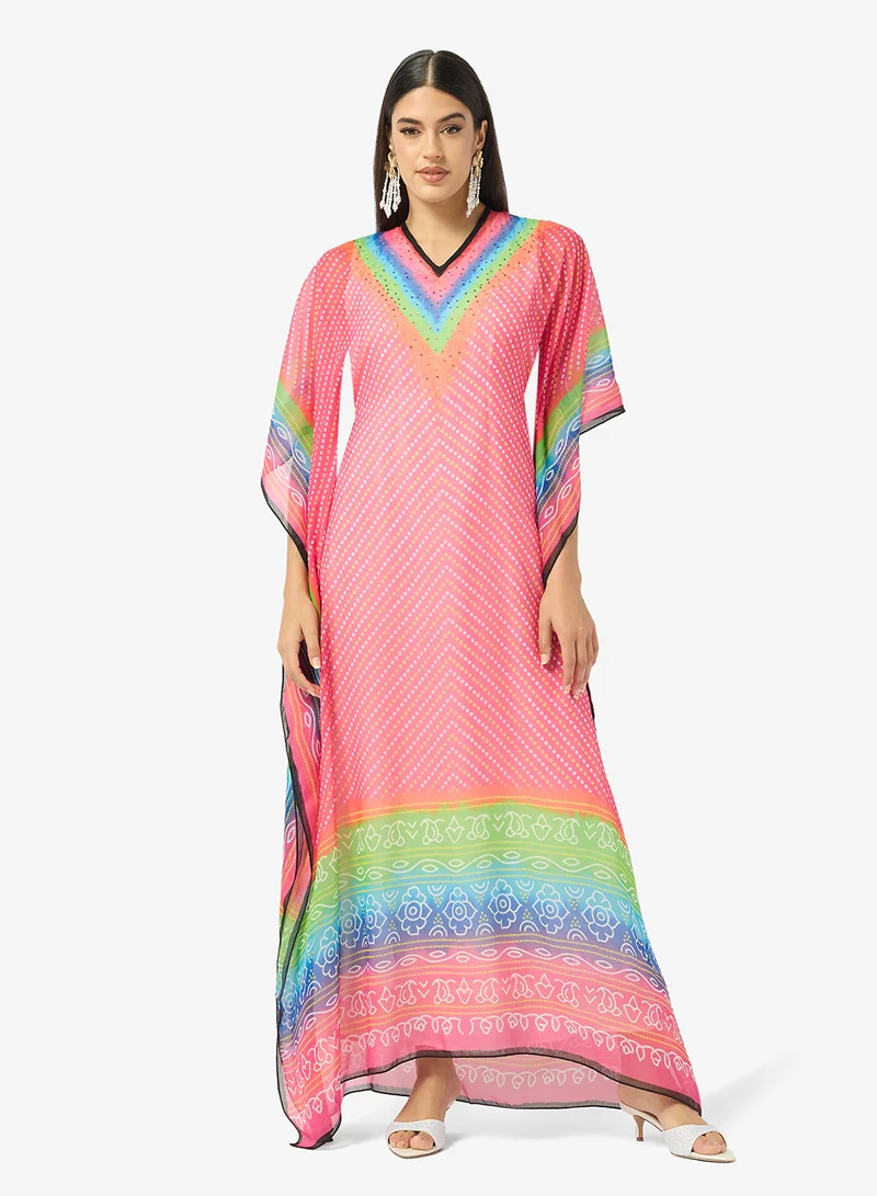 ارابيان كلوزيت Modern Bandhani Print V-Neck Kaftan