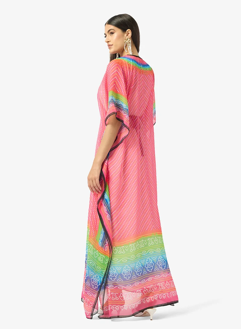 ارابيان كلوزيت Modern Bandhani Print V-Neck Kaftan