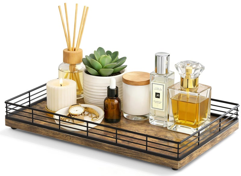 Focusonit Toilet Tank Tray - 13" x 8" Back of Toilet Topper Basket, Bathroom Vanity Tray for Countertop, Oka Wood Rustic - Image 1
